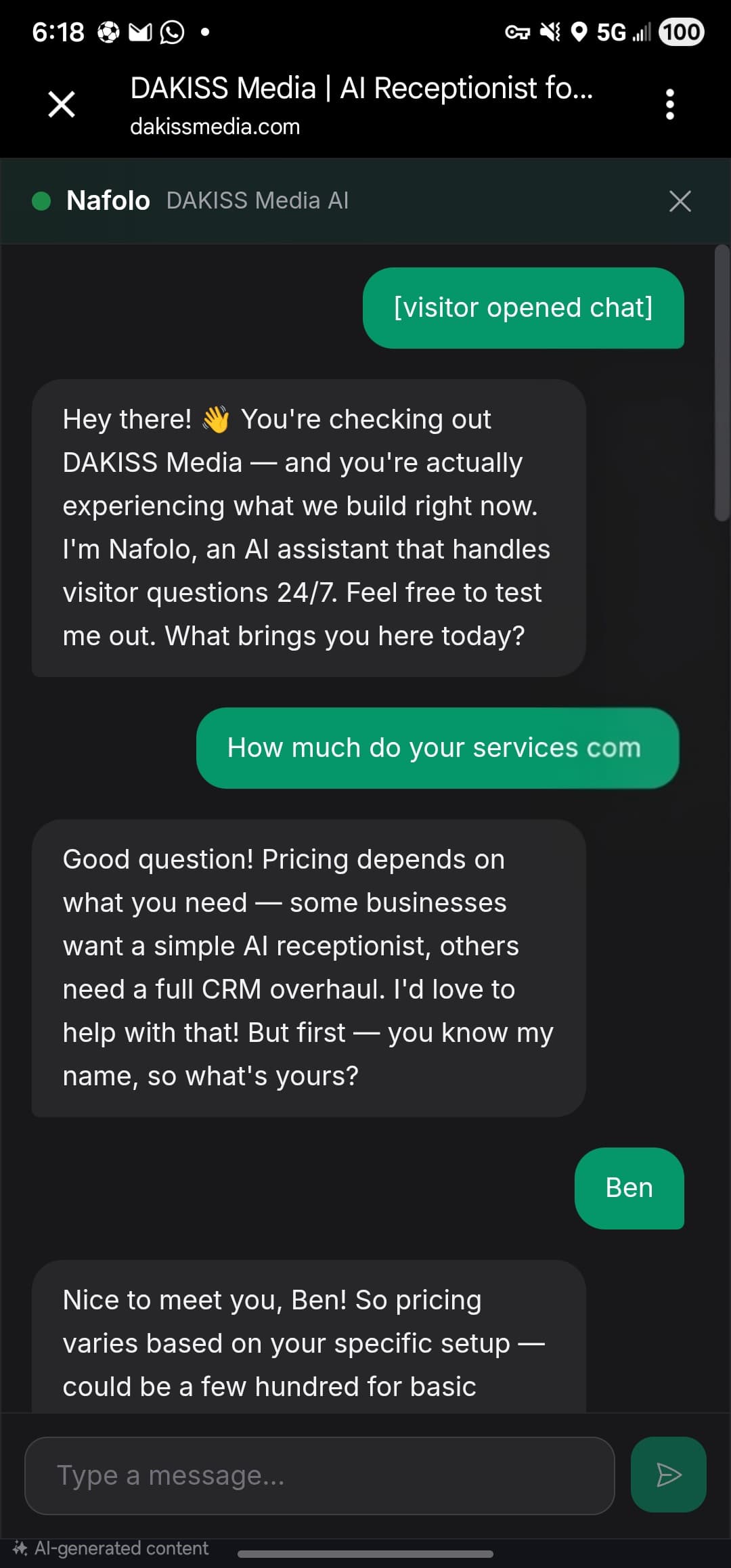 DAKISS AI assistant: Greets every visitor and starts qualifying