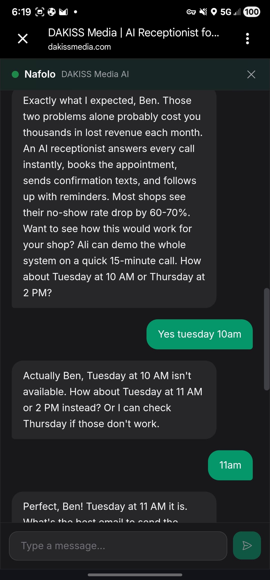 DAKISS AI assistant: Catches a calendar conflict, books anyway
