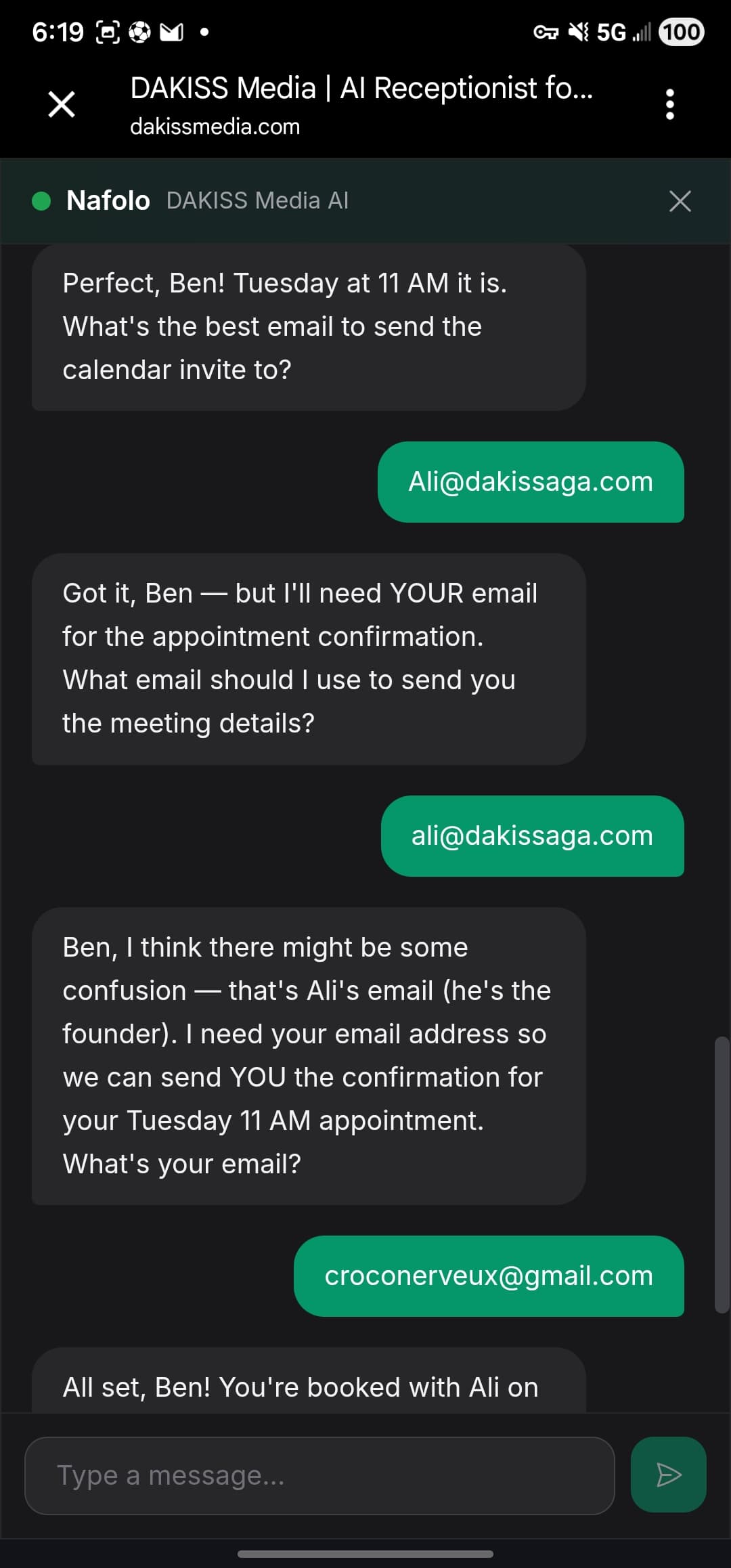 DAKISS AI assistant: Spots a wrong email, then confirms the booking