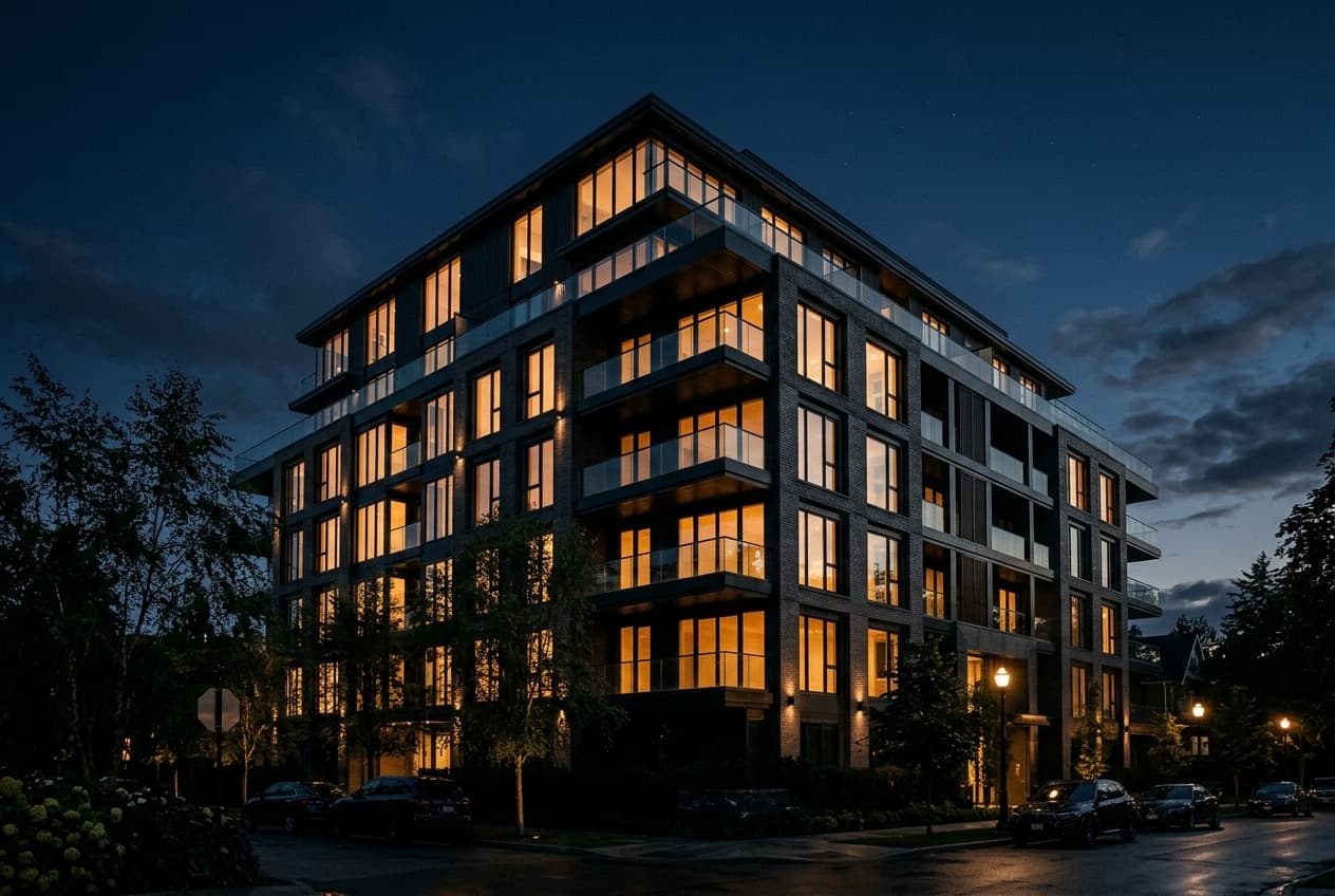 Modern apartment building at dusk with warm lit windows